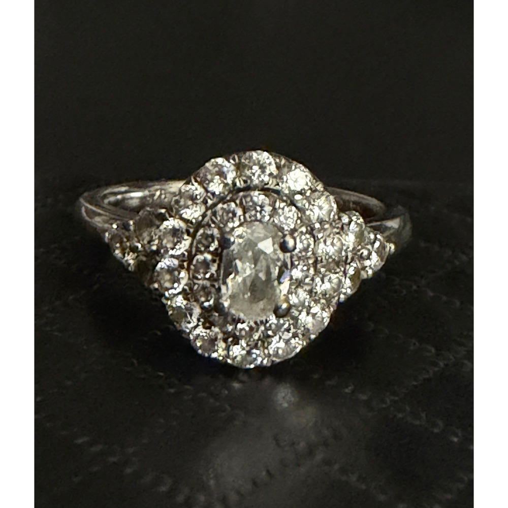 Sterling Silver Cocktail Ring Glass Rhinestone 925 Halo